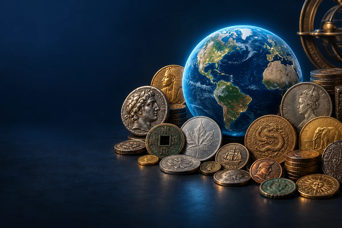 Coins from around the world arranged around a glowing globe