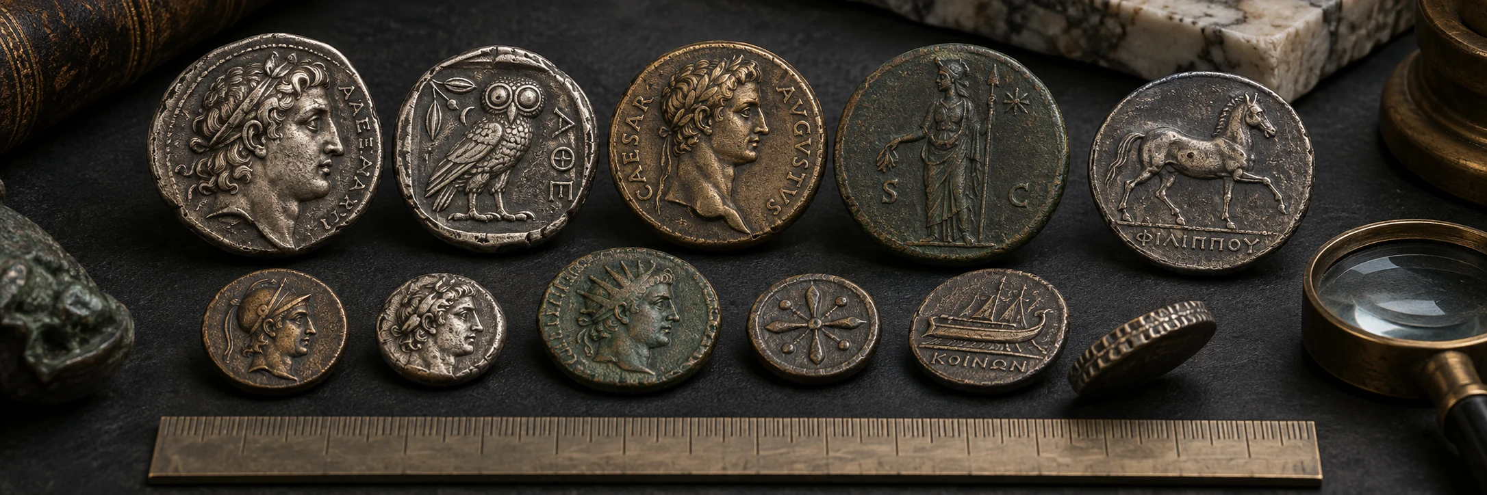 Ancient coins with portraits, symbols, varied shapes, and a ruler arranged for comparison