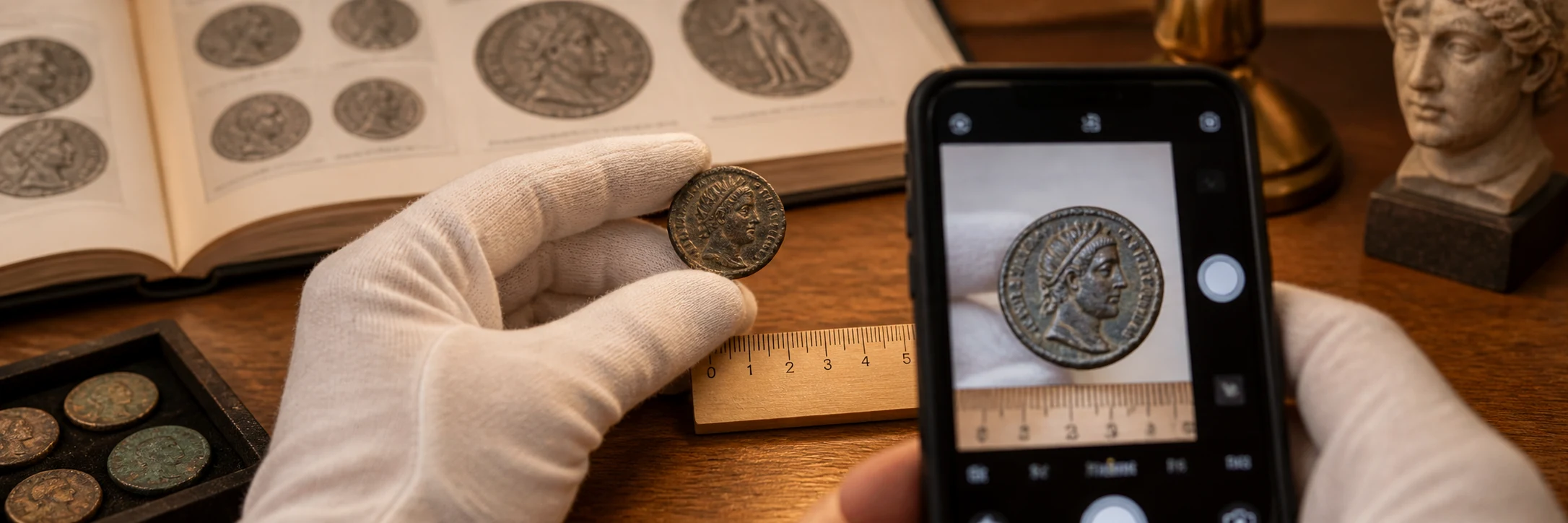 Gloved hand documenting an ancient coin beside a ruler and phone camera