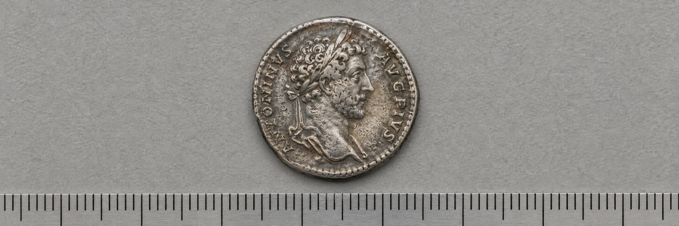 Ancient coin photographed flat with a ruler for a final identification check