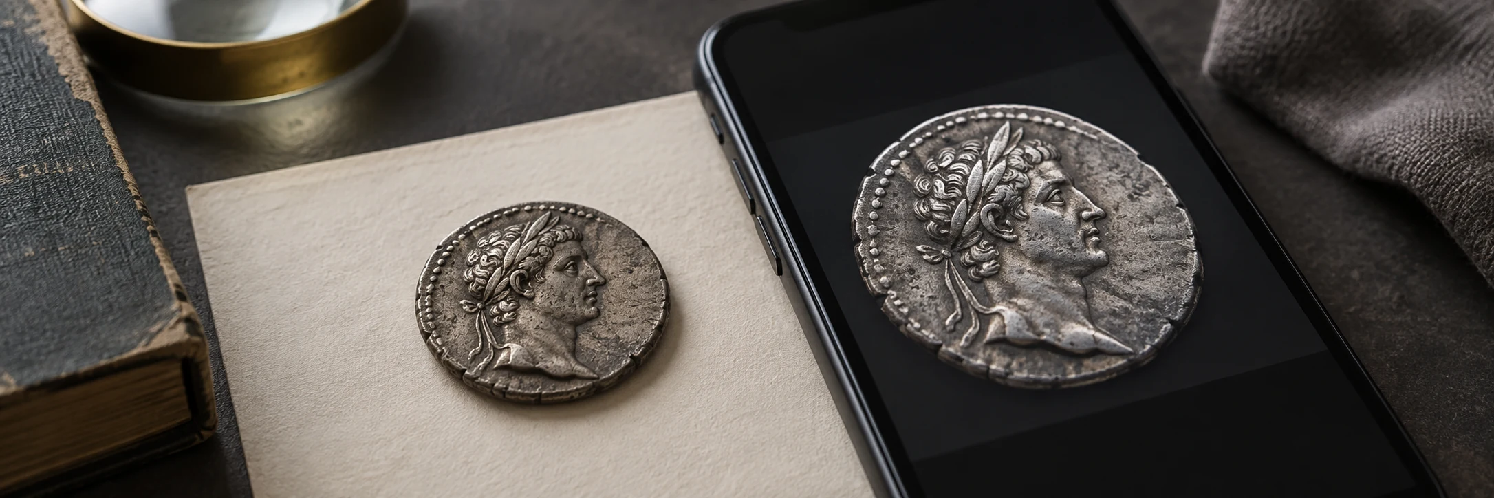 Ancient coin photographed flat beside a phone and ruler