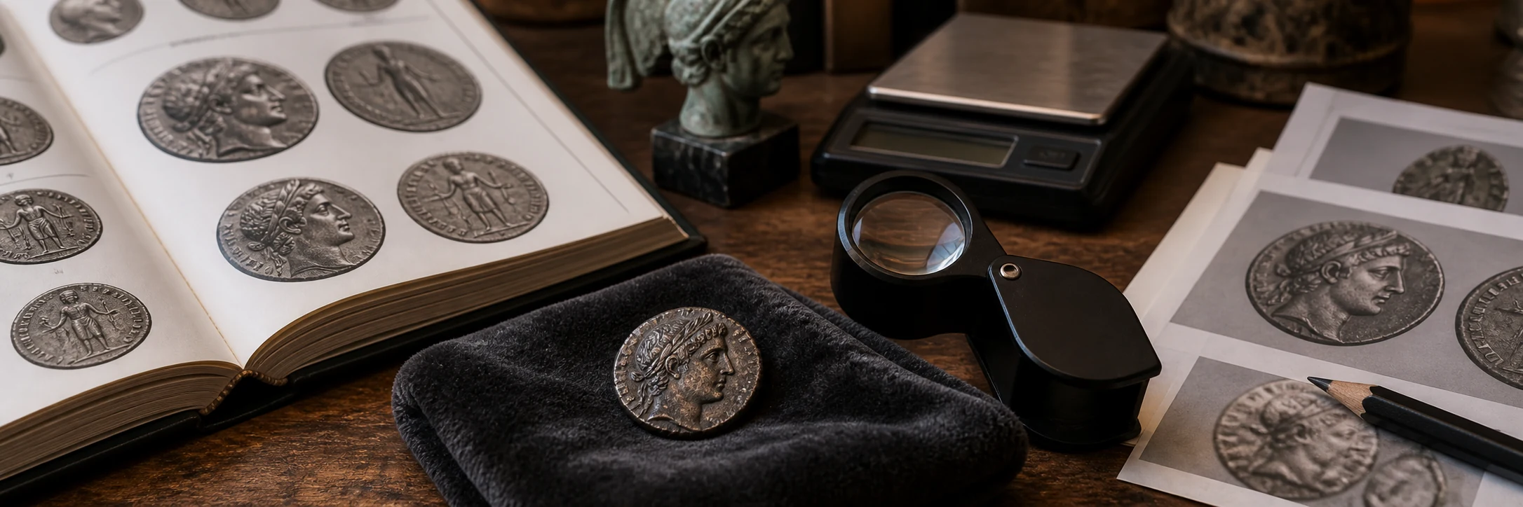Ancient coin beside a catalog, loupe, and scale for careful value research
