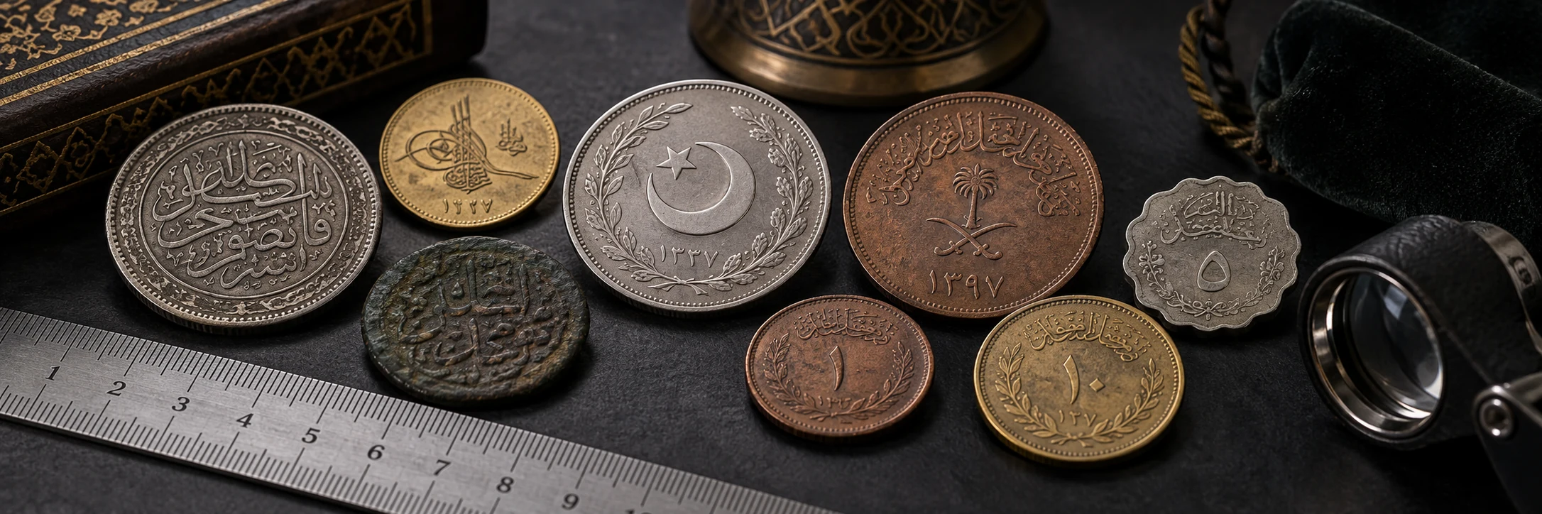 Arabic and Middle Eastern coins with calligraphy, numerals, emblems, and a ruler beside a loupe