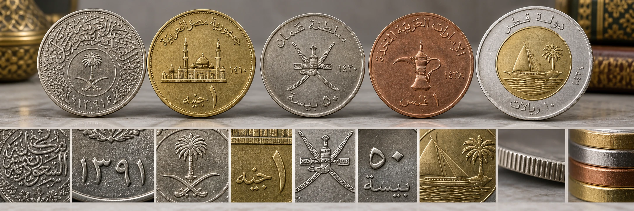 Arabic coin calligraphy, date numerals, emblem, denomination, mint mark, and edge details shown together