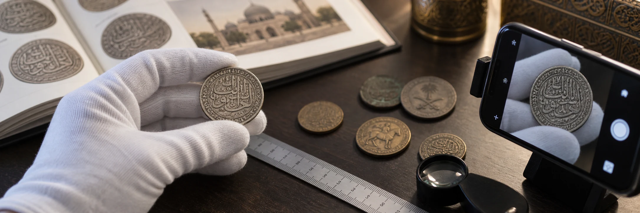 Gloved hand documenting an Arabic coin beside a ruler and phone camera