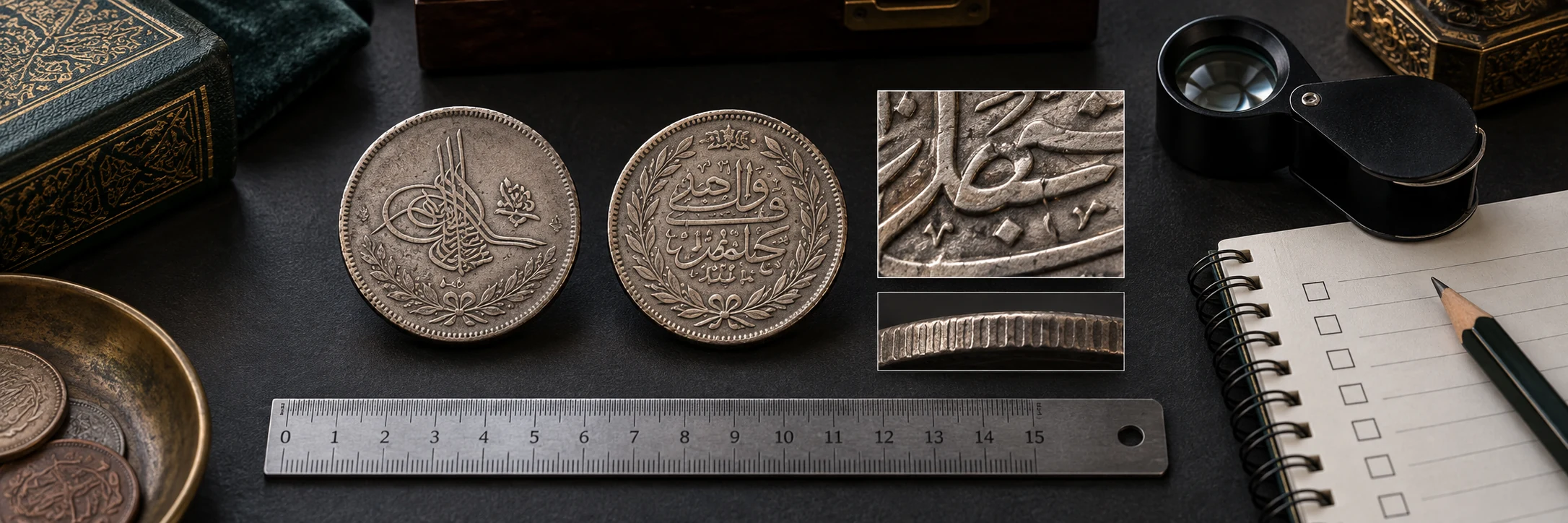 Arabic coin obverse, reverse, edge, ruler, and loupe arranged for a final check