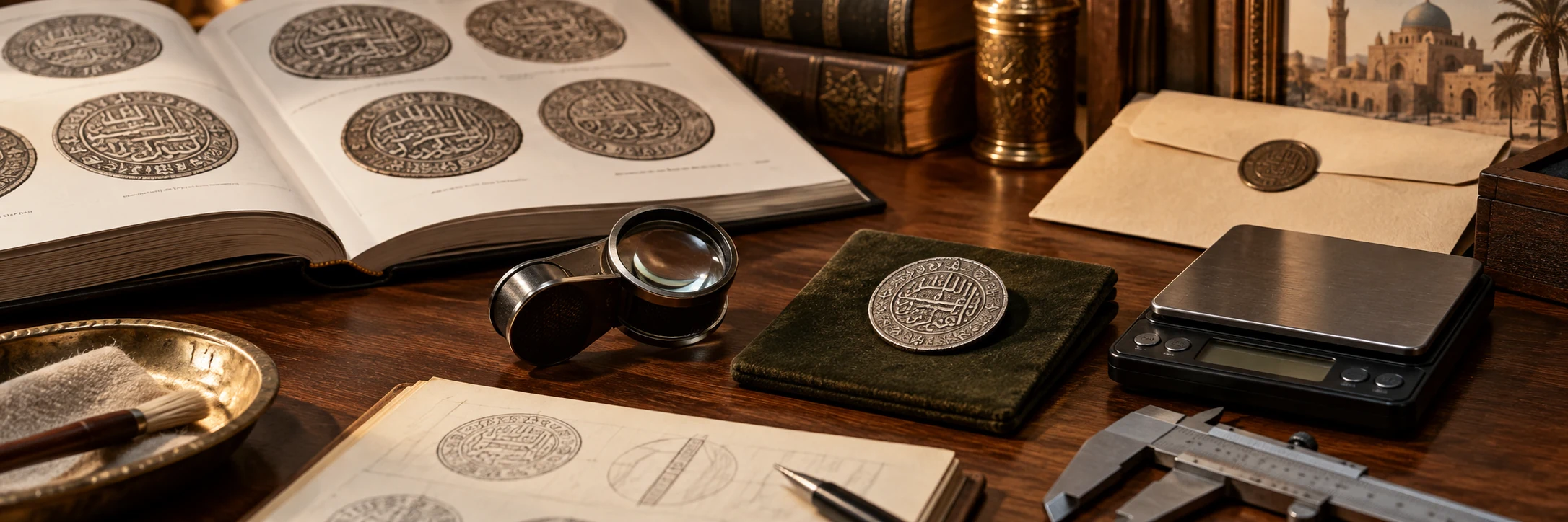 Arabic coin beside a catalog, loupe, digital scale, and research materials