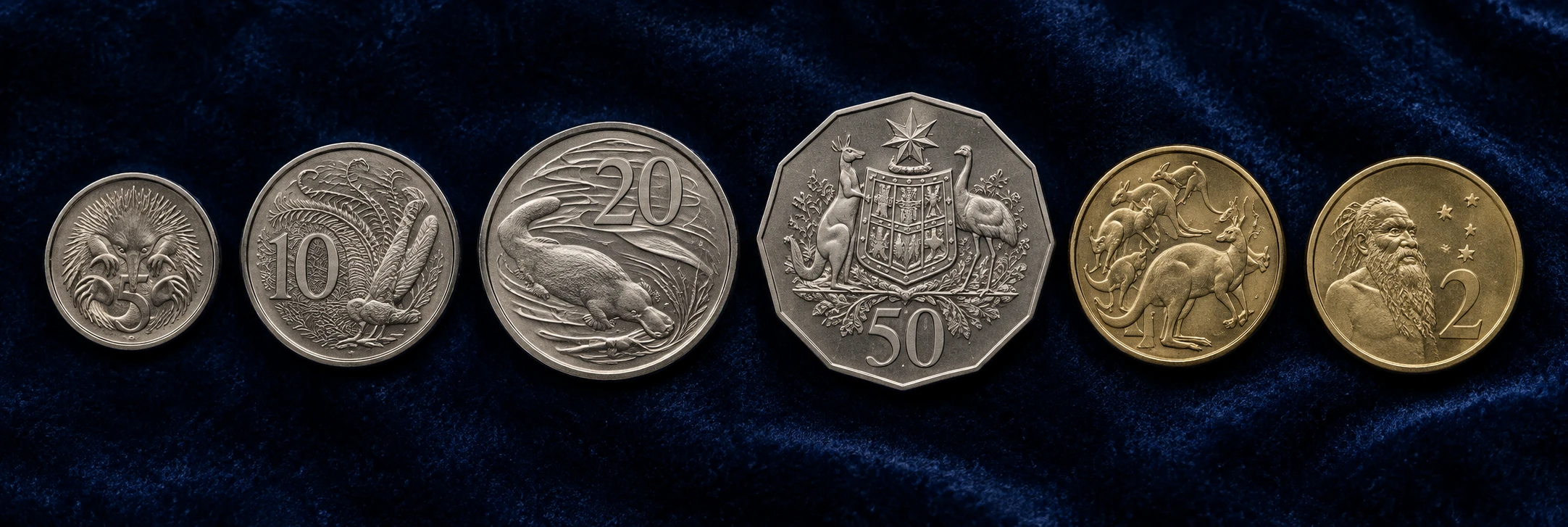 Australian circulation coins from 5 cents to two dollars arranged by native animal design