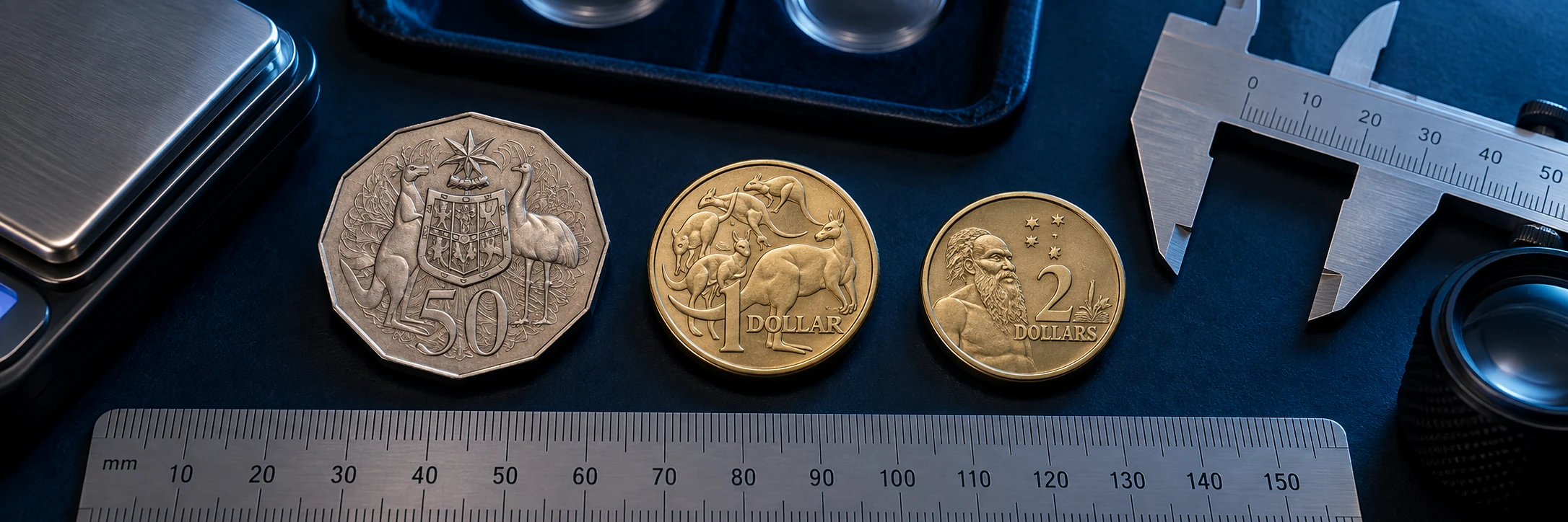 Australian coin photographed beside a ruler and scale for shape, weight, diameter, and edge checks