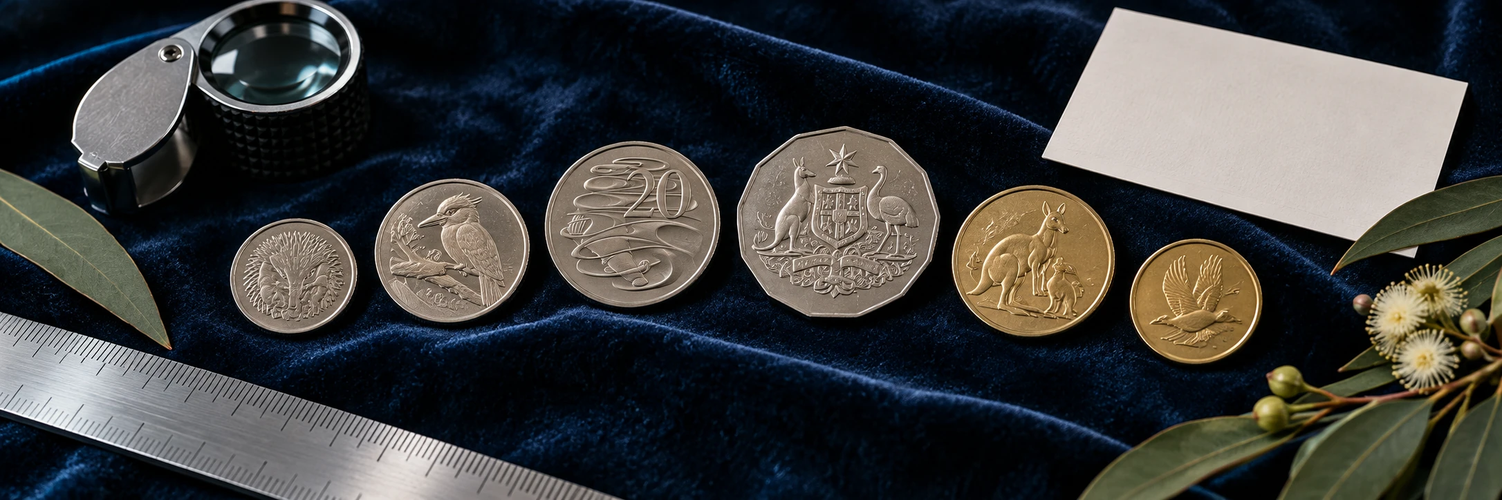 Distinct Australian decimal coins with native animal and national designs arranged beside a ruler and loupe for a final identification checklist