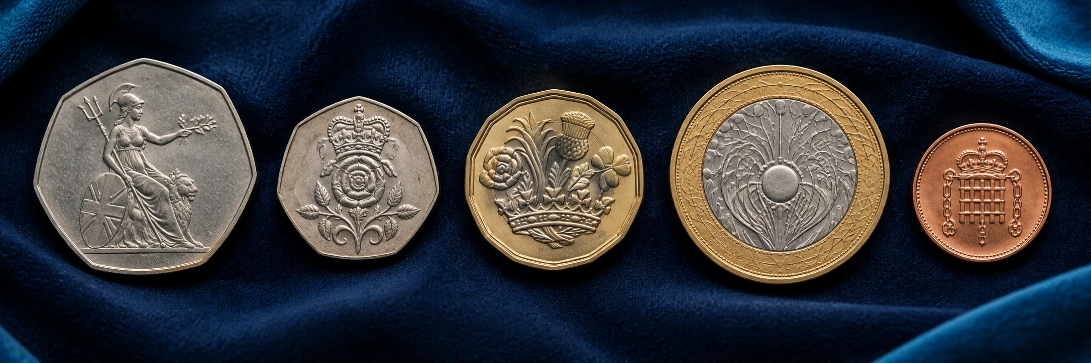British circulation coins from 1p to £2 arranged by denomination and shape