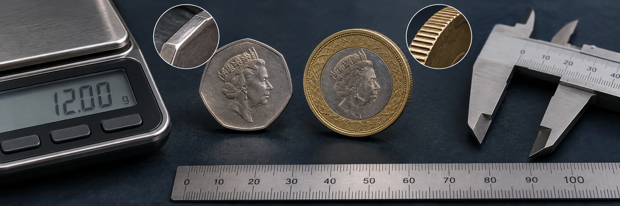 British coin photographed beside a ruler and scale for specification checks