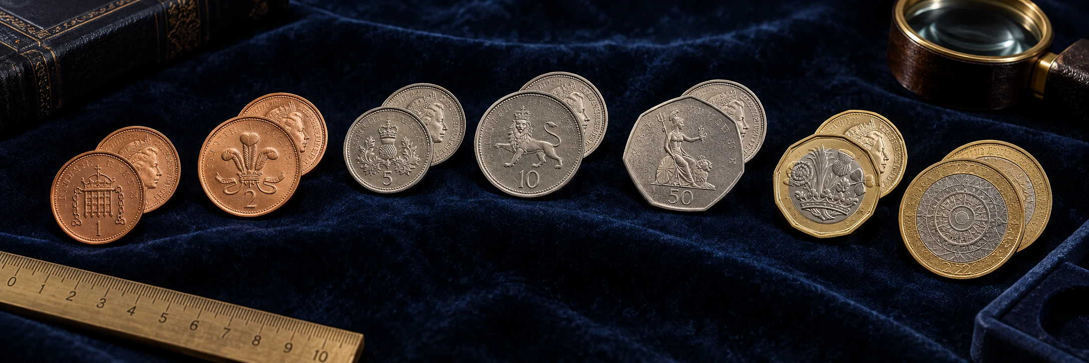 Distinct UK coins from 1p to £2 arranged with a ruler and loupe for a final identification checklist