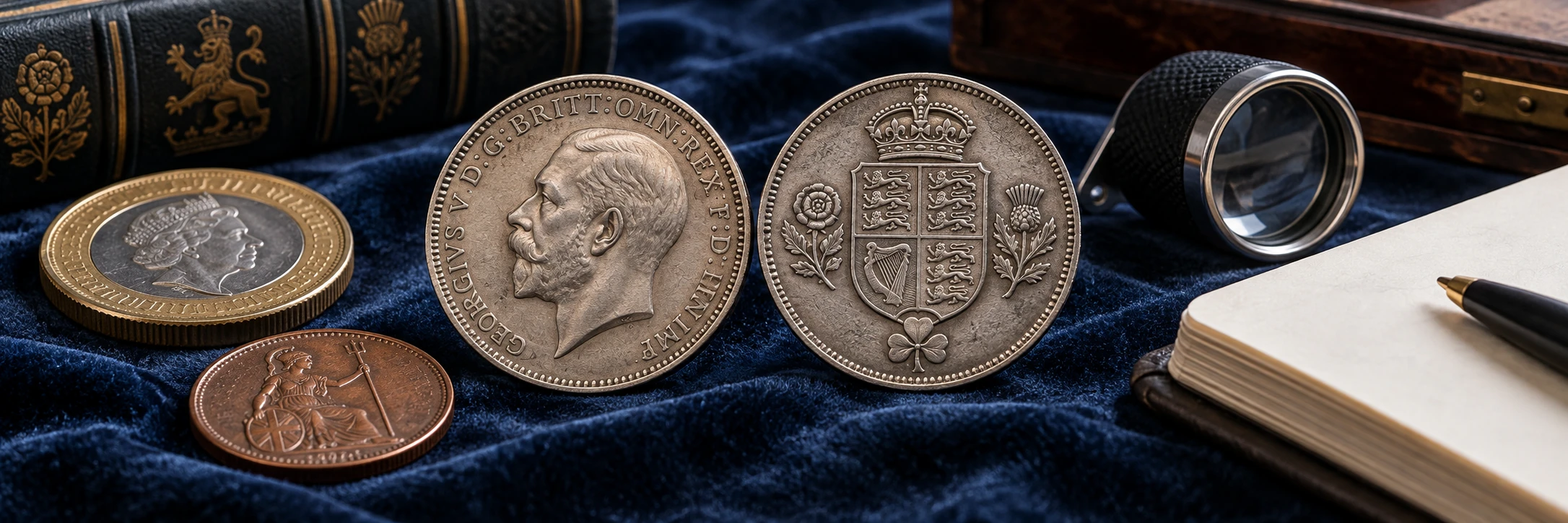 Monarch portrait, reverse motif, year, and designer marks being compared on a British coin