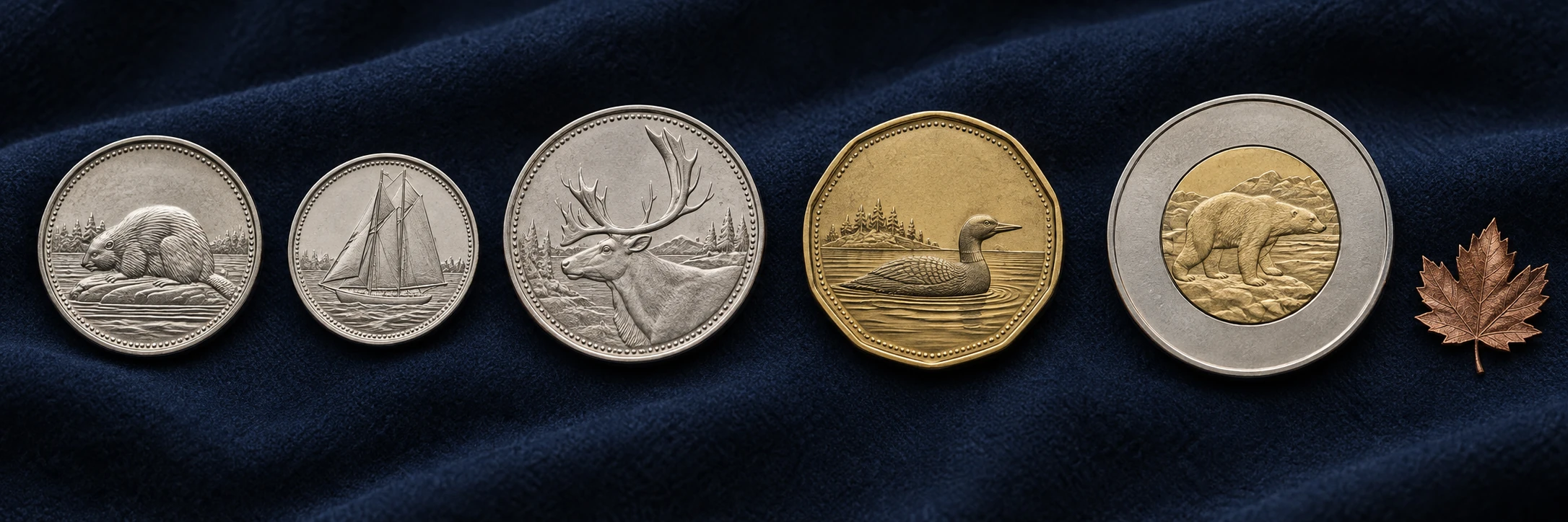 Canadian circulation coins from one cent to two dollars arranged by denomination and national design
