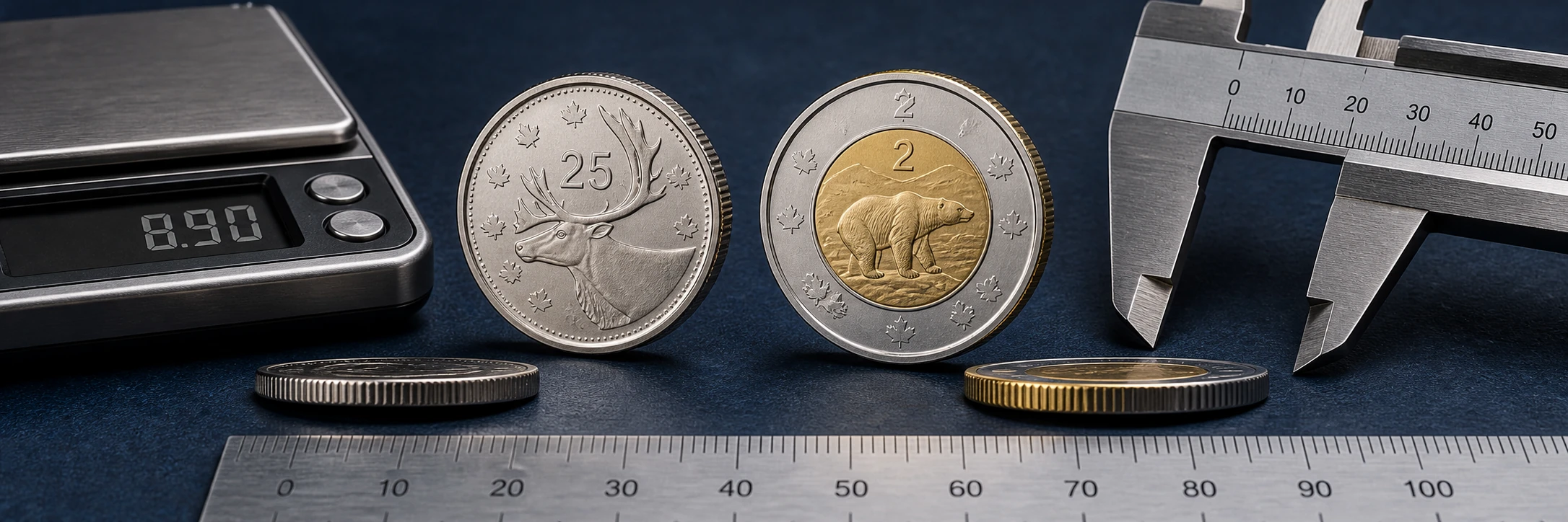 Canadian coin photographed beside a ruler and scale for weight, diameter, and edge checks