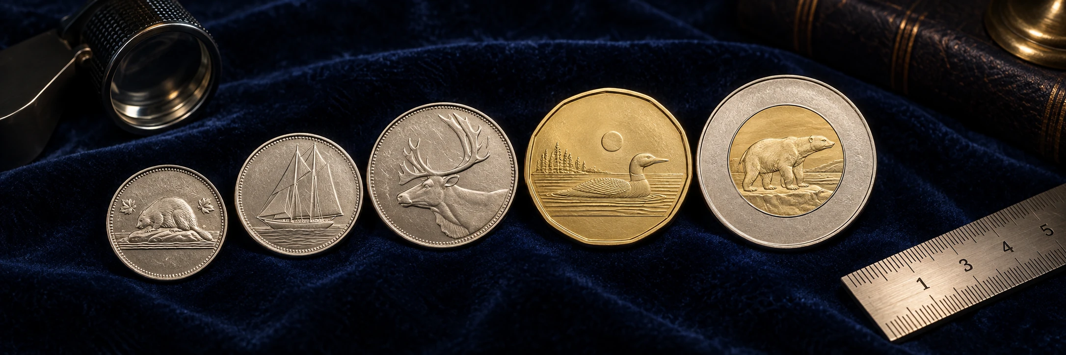 Distinct Canadian coins with beaver, Bluenose, caribou, loon, and polar bear designs arranged for a final checklist