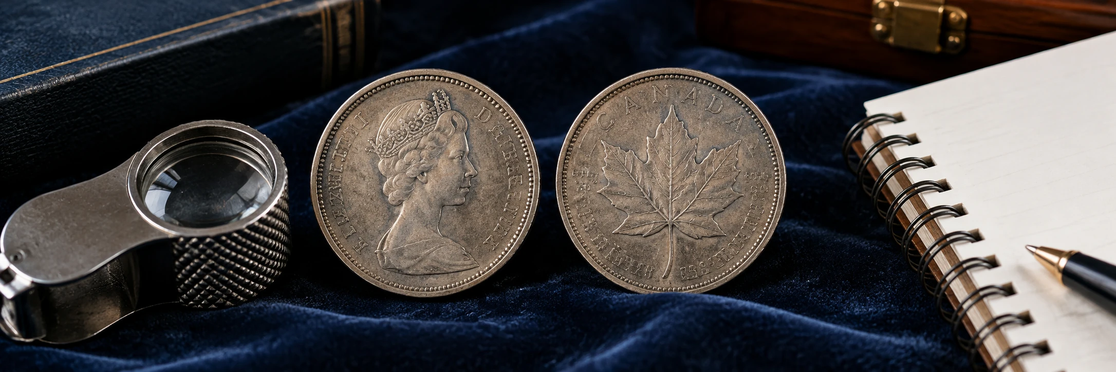 Monarch portrait, date, maple leaf, and reverse animal details being compared on a Canadian coin