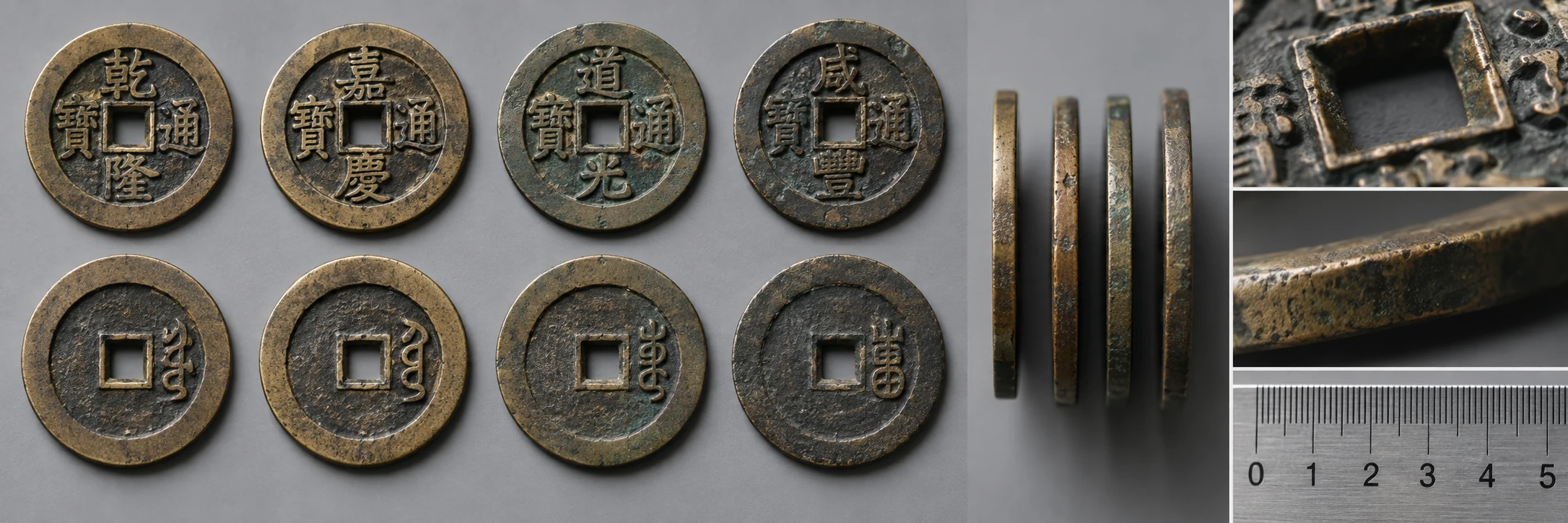 Chinese cash coin characters, reverse marks, cast texture, edge thickness, and ruler shown together