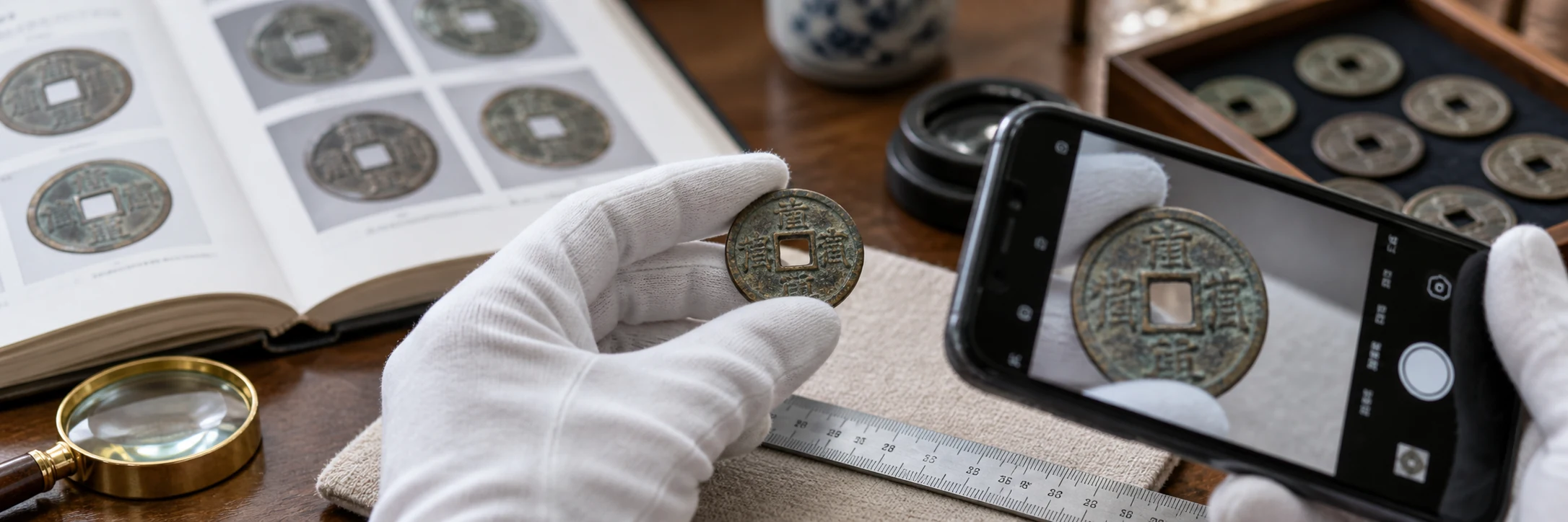 Gloved hand documenting a Chinese cash coin beside a ruler and phone camera