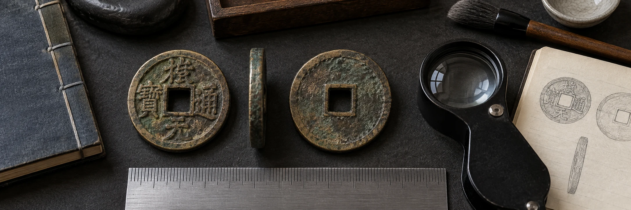 Chinese cash coin obverse, reverse, edge, ruler, and loupe arranged for a final check