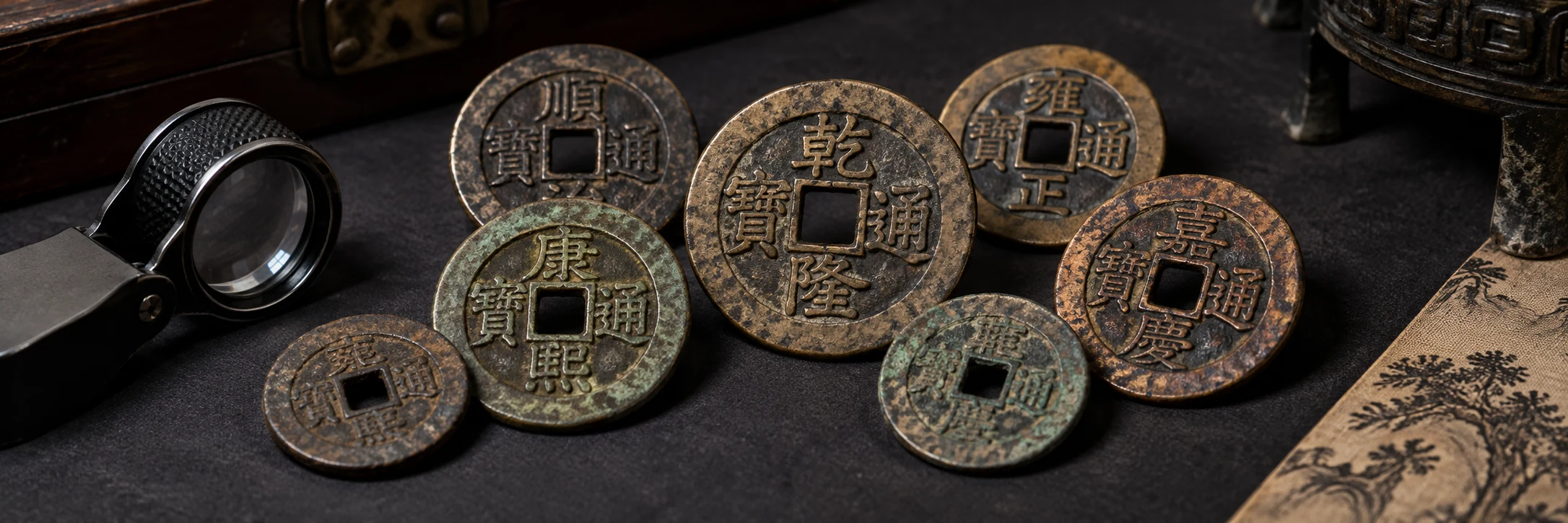 Traditional Chinese cash coins with square holes, characters, and varied patina beside a loupe