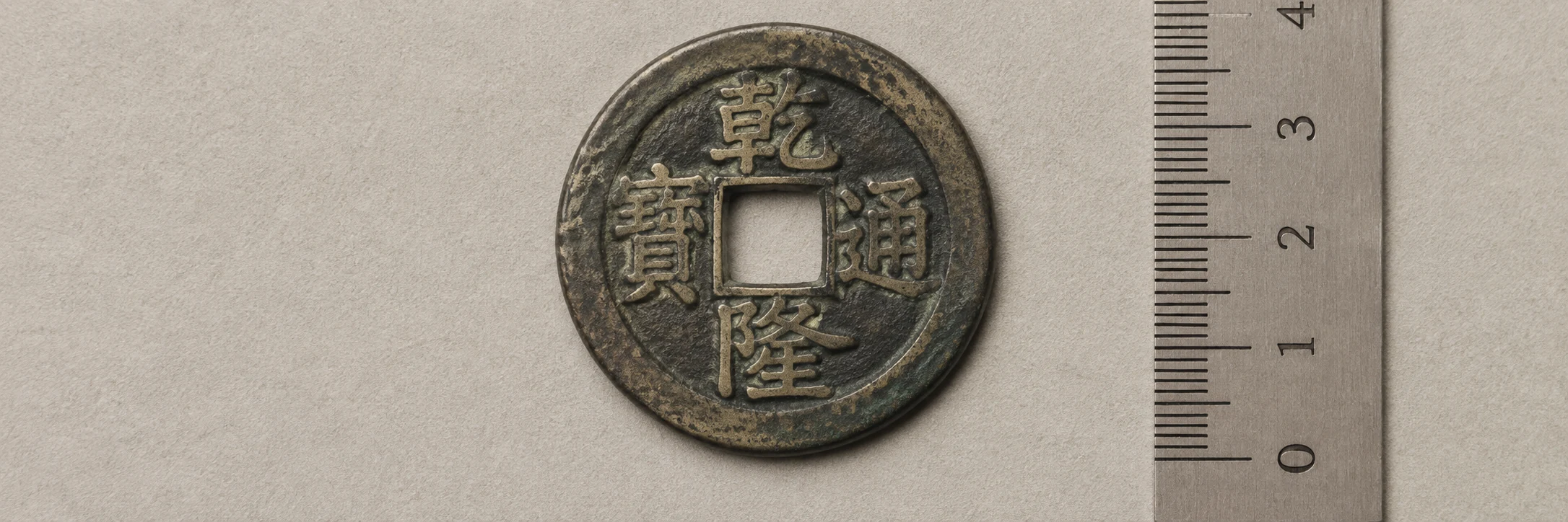 Chinese cash coin photographed flat with a square hole, characters, and ruler