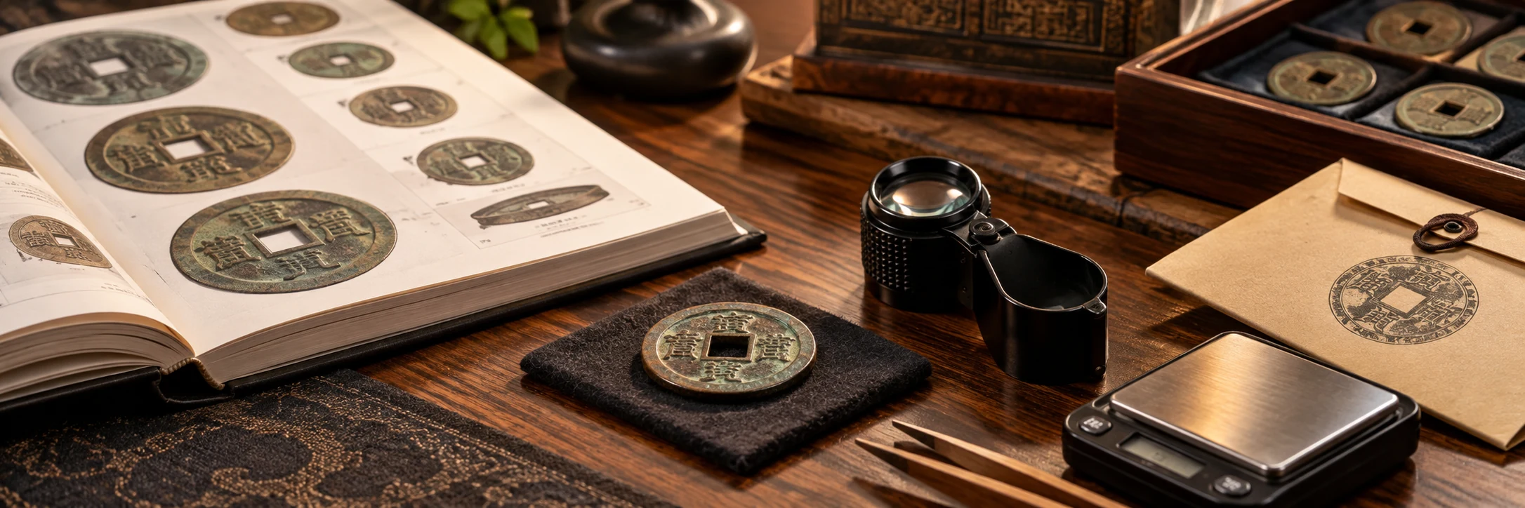 Chinese cash coin beside a catalog, loupe, scale, and archival envelope