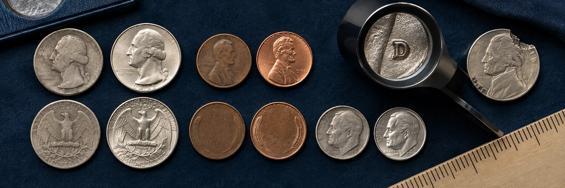 United States coins showing differences in wear, scratches, toning, and surface preservation