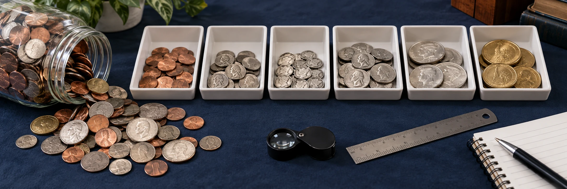1964 Washington quarter documented beside a ruler, scale, and reference notes