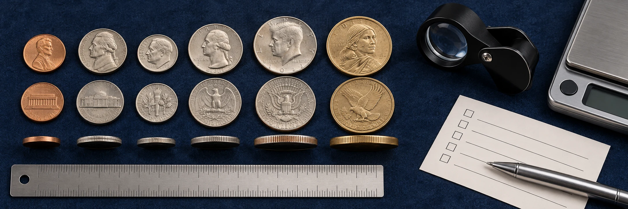 United States coin identification checklist with obverse, reverse, edge, date, mint mark, scale, and loupe