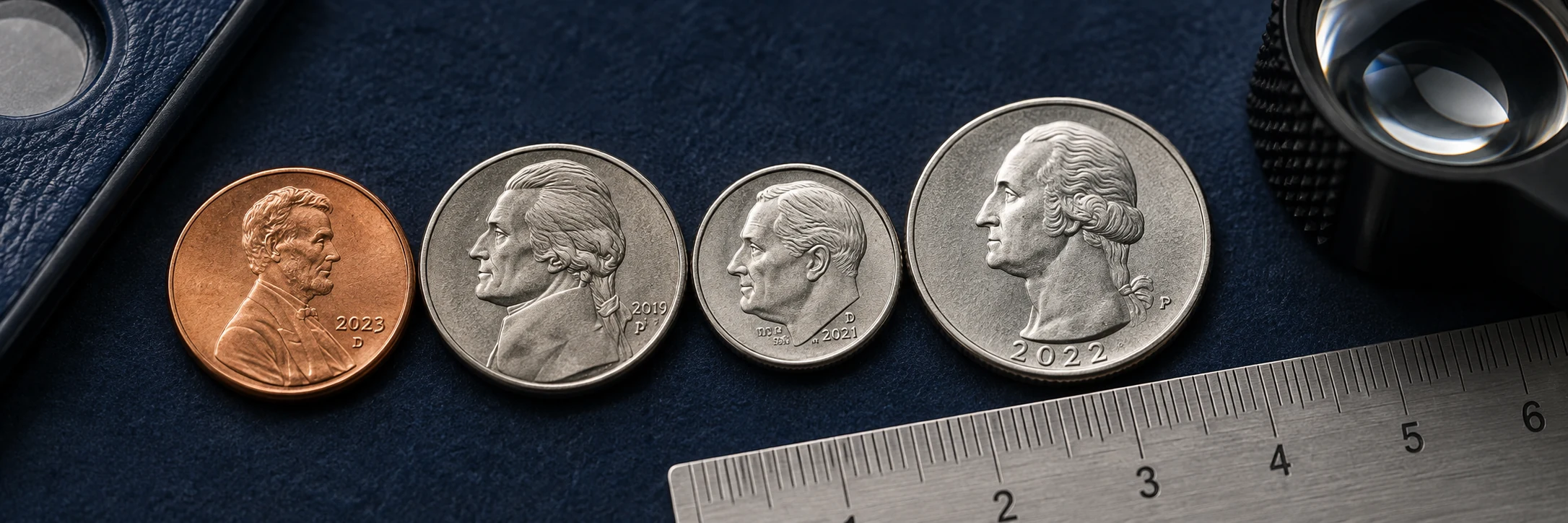 Close view of dates and mint marks on several United States coins