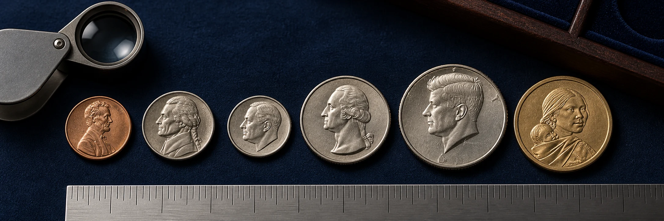 United States cents, nickels, dimes, quarters, half dollars, and dollar coins arranged by denomination