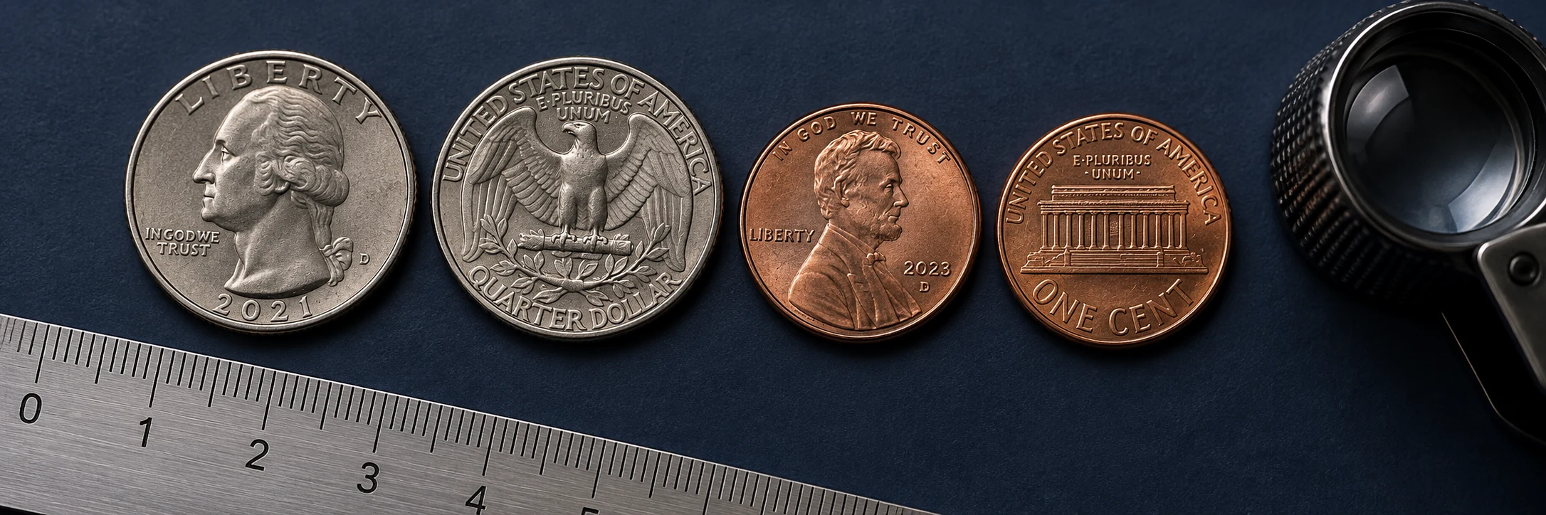 United States coin photographed with a scale, ruler, and visible edge for specification checks