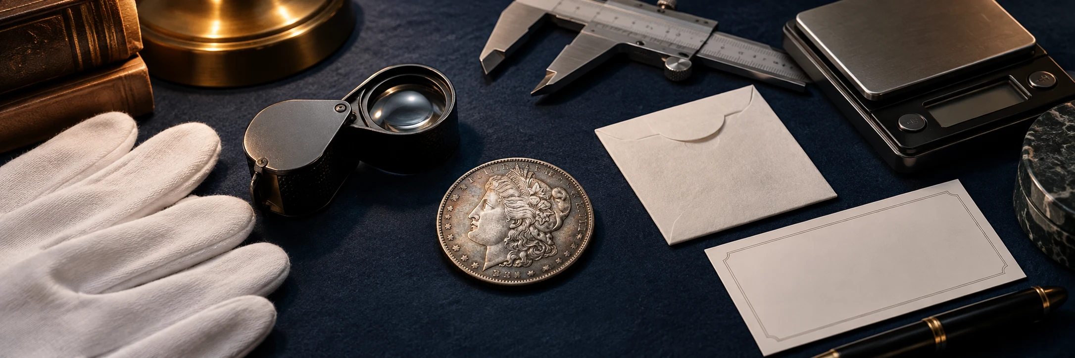 Coin with loupe, gloves, caliper, digital scale, and an appointment card for professional review