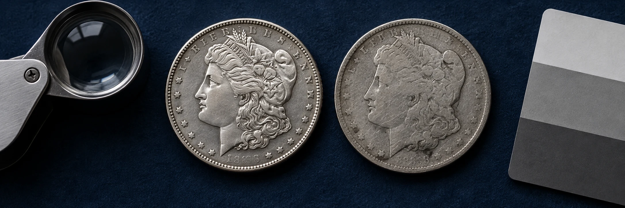 Two coins with the same design shown in sharp and worn condition beside a loupe