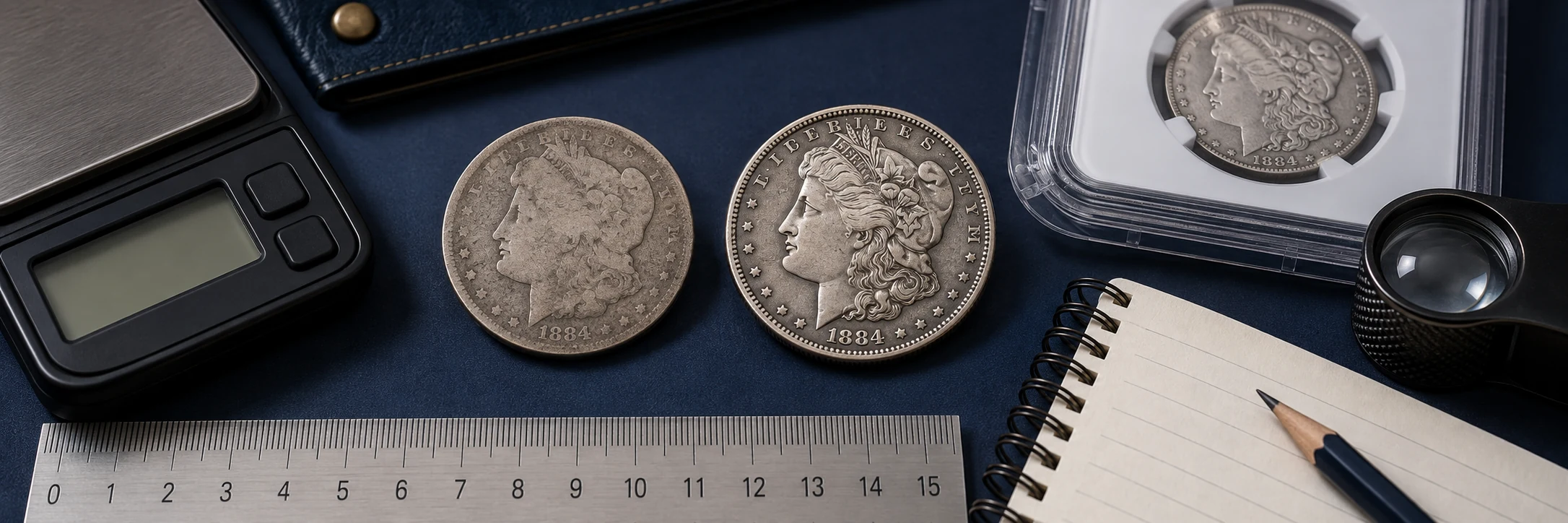Two U.S. coins with the same design compared with a ruler, scale, loupe, and notes
