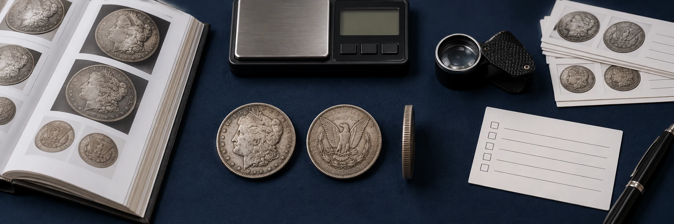Coin obverse, reverse, edge, scale, loupe, auction catalog, and checklist for a value review