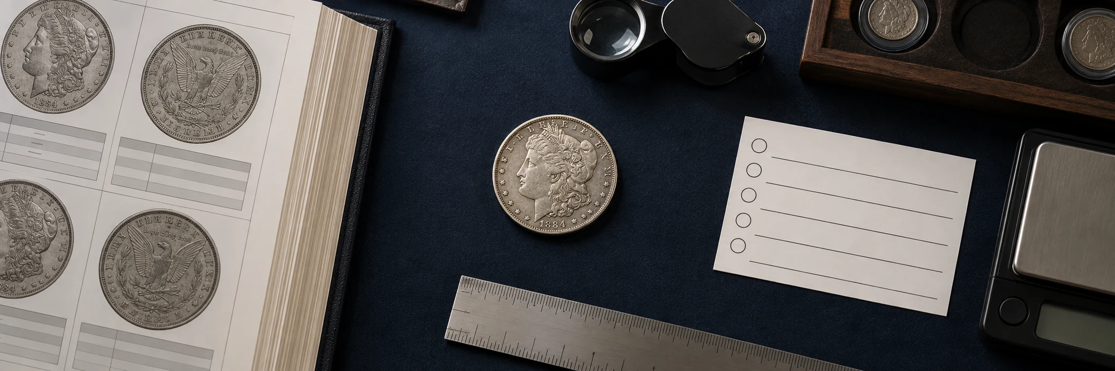 Coin identification desk with a reference catalog, caliper, ruler, scale, loupe, and evidence notes