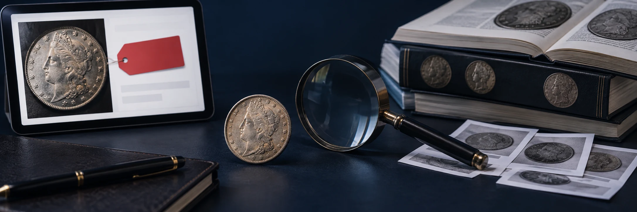 Coin beside a misleading price card and more grounded catalog and sold-sale notes