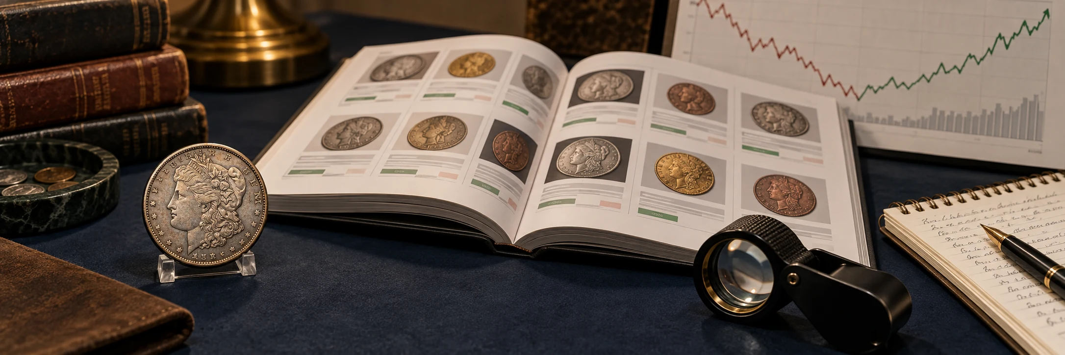 Coin beside auction catalog pages, completed-sale cards, market chart, and loupe