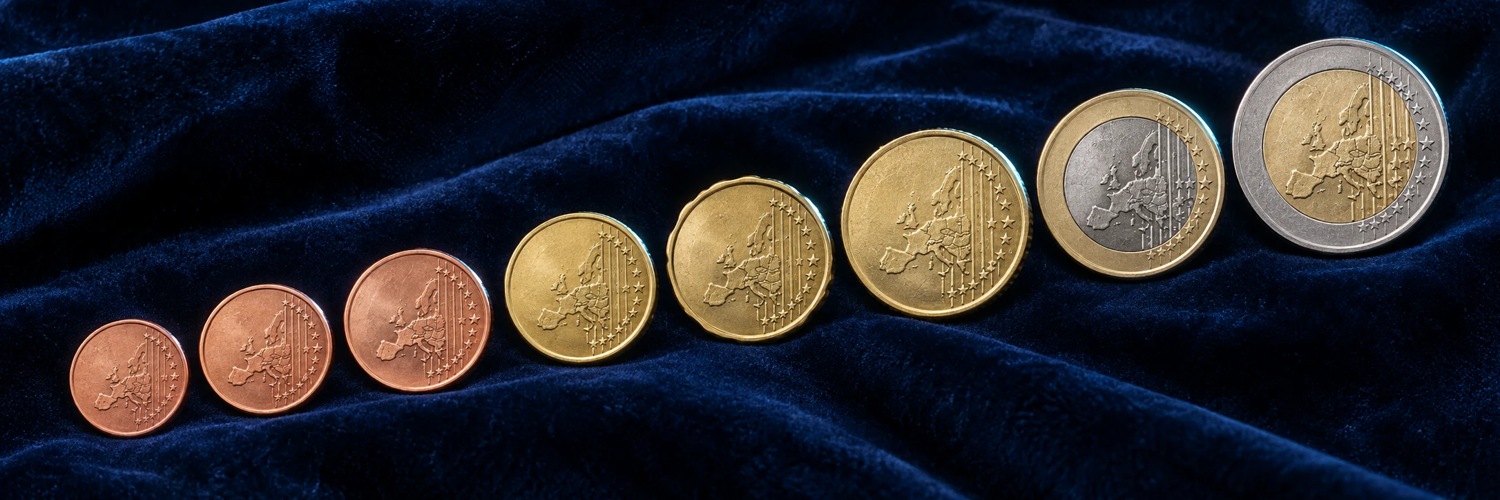Eight euro coin denominations arranged for identification by color, size, and common side