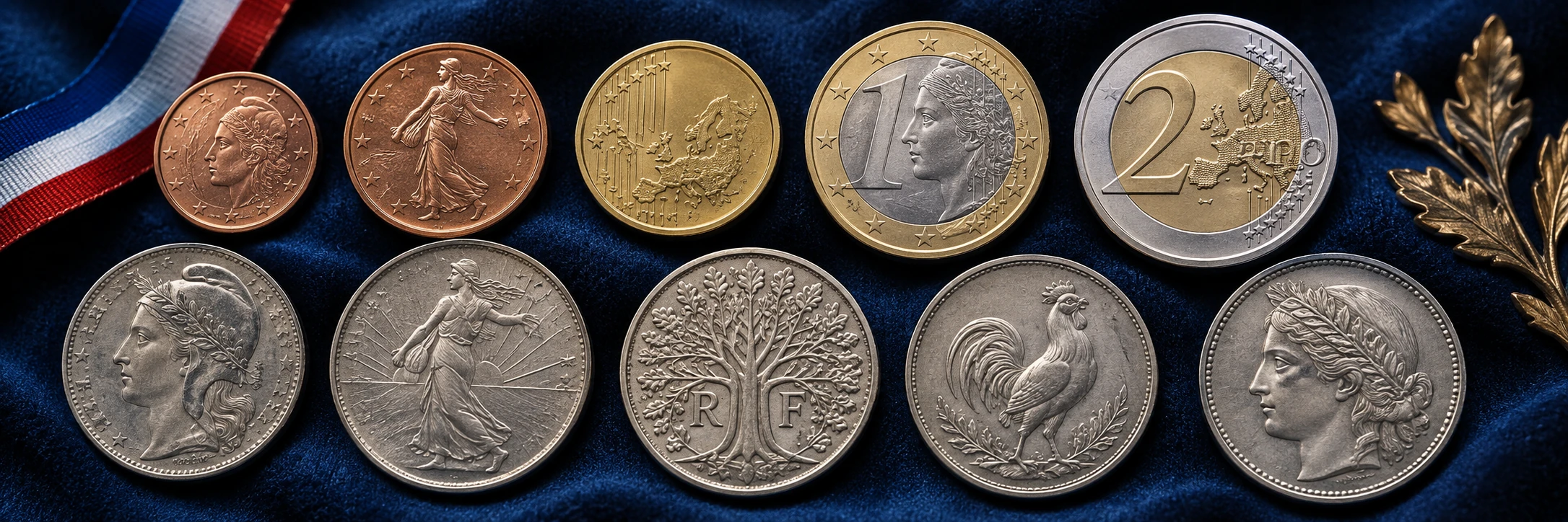 French euro and historic franc coins arranged for identification by currency family and design