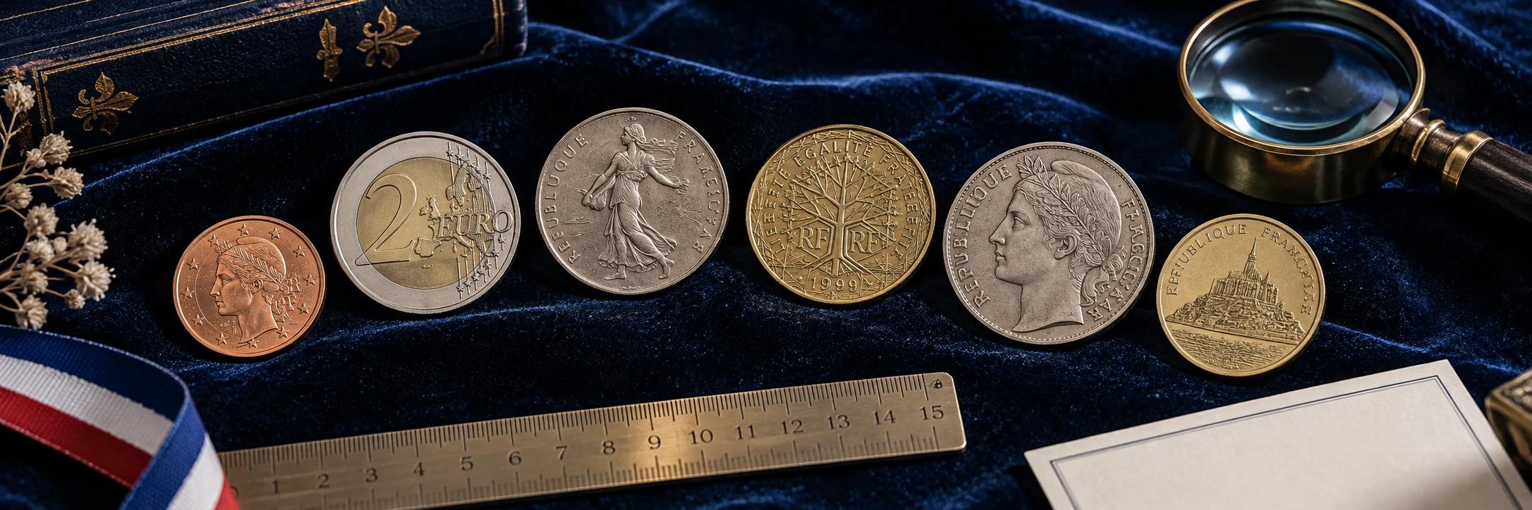 Distinct French euro and historic franc coins arranged beside a ruler and loupe for a final identification checklist