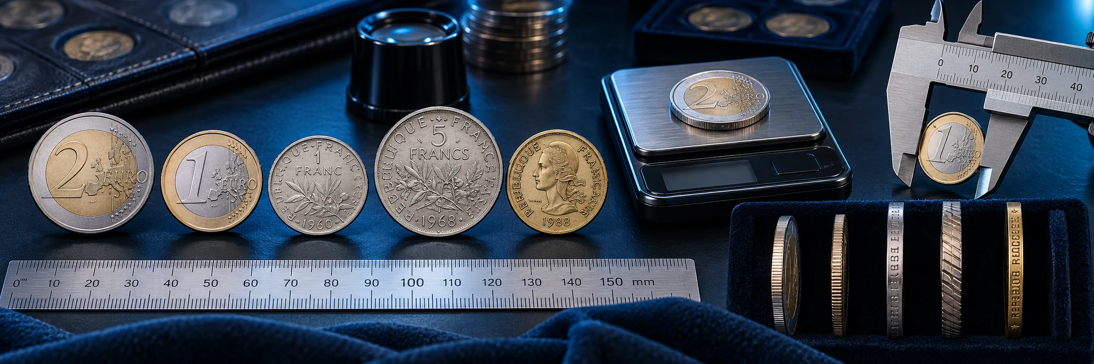 French coin photographed beside a ruler and scale for denomination and edge checks