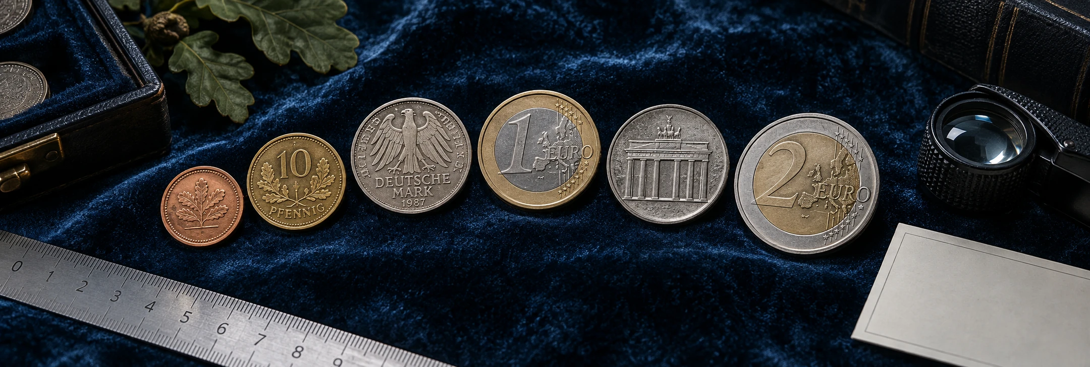 Distinct German euro and historic Deutsche Mark coins arranged beside a ruler and loupe for a final identification checklist