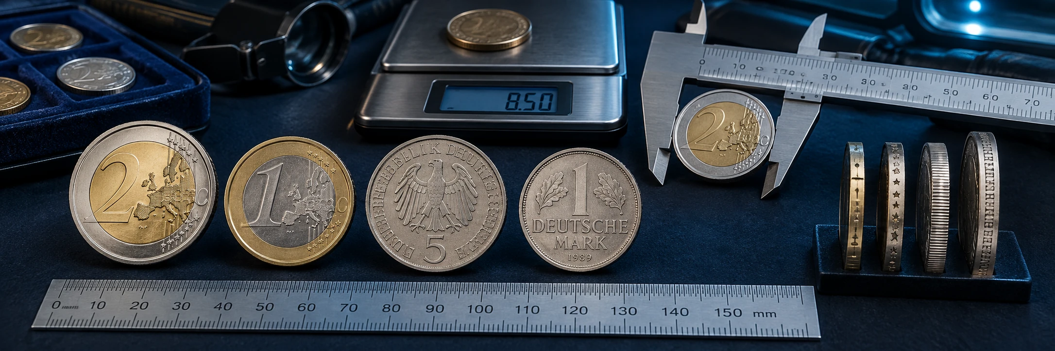 German coin photographed beside a ruler and scale for denomination and edge checks