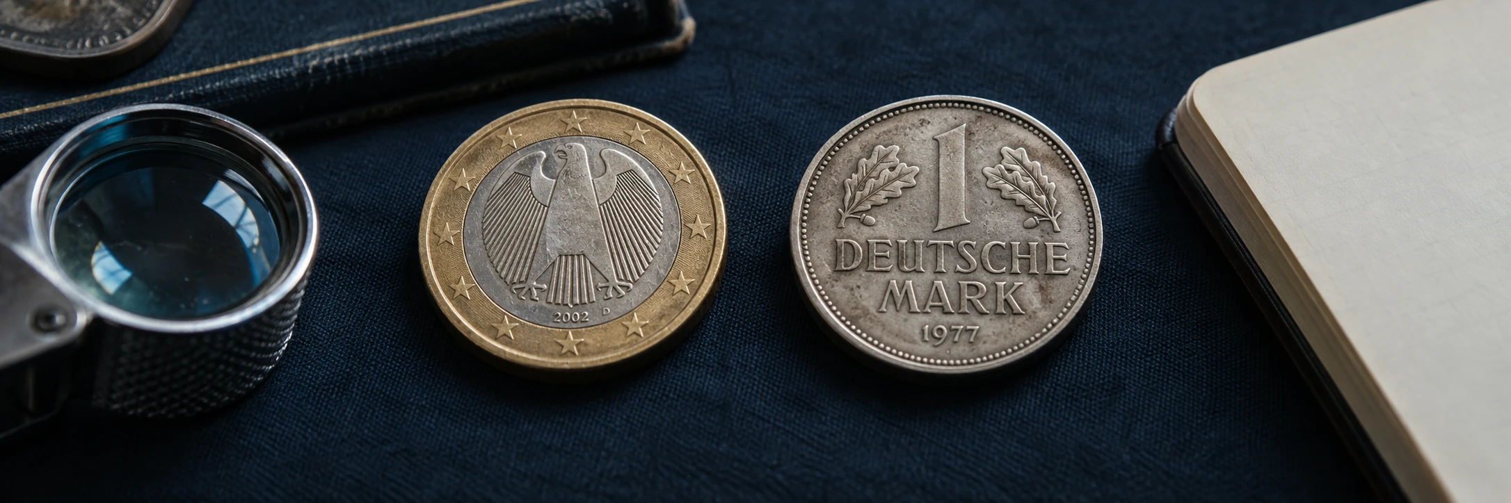 German coin eagle, oak leaf, Brandenburg Gate, date, and mint letter details being compared