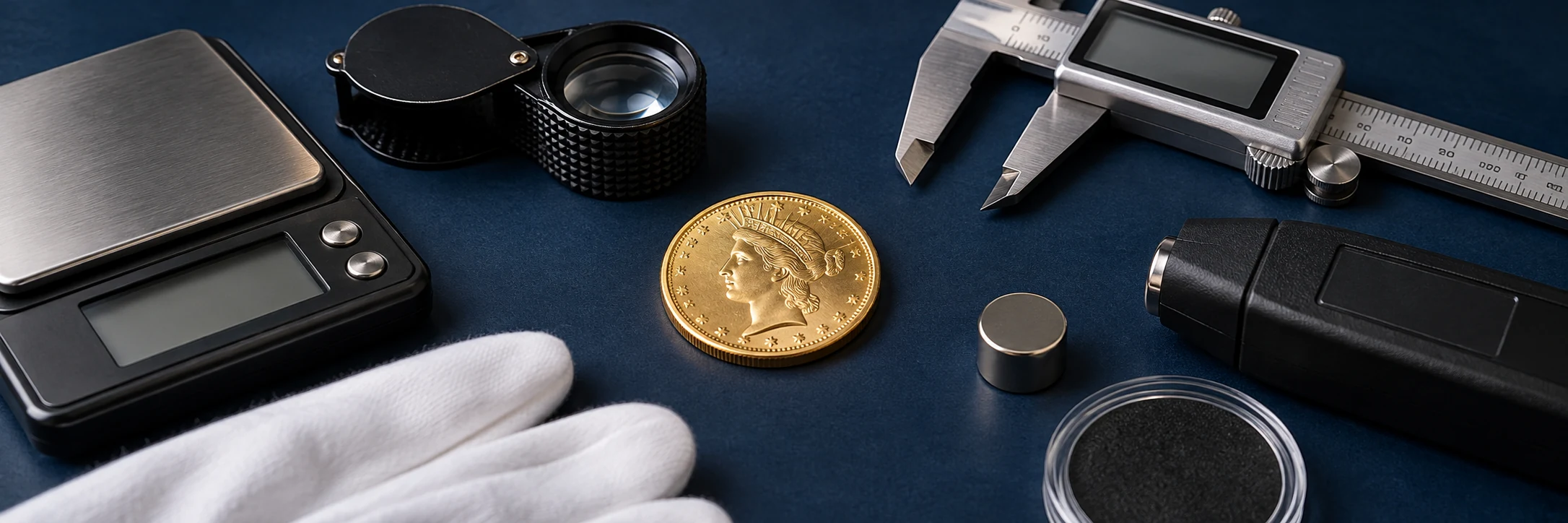 Gold coin with a scale, caliper, loupe, and metal testing tools