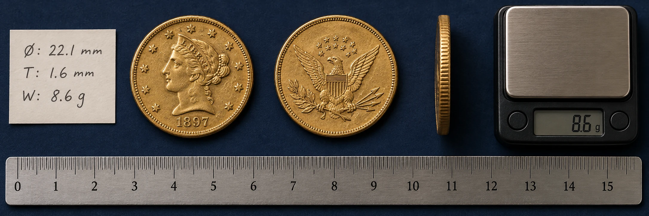 Gold coin front, back, edge, ruler, and scale shown for identification